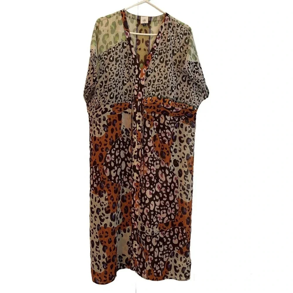 Cabi Womens Relaxed Sheer Orange Patchwork Animal Print Escape Dress Size S
